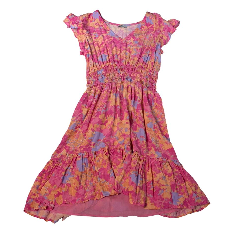 Rails womens pink orange floral dress. knee length, flutter sleeve. Size S.
